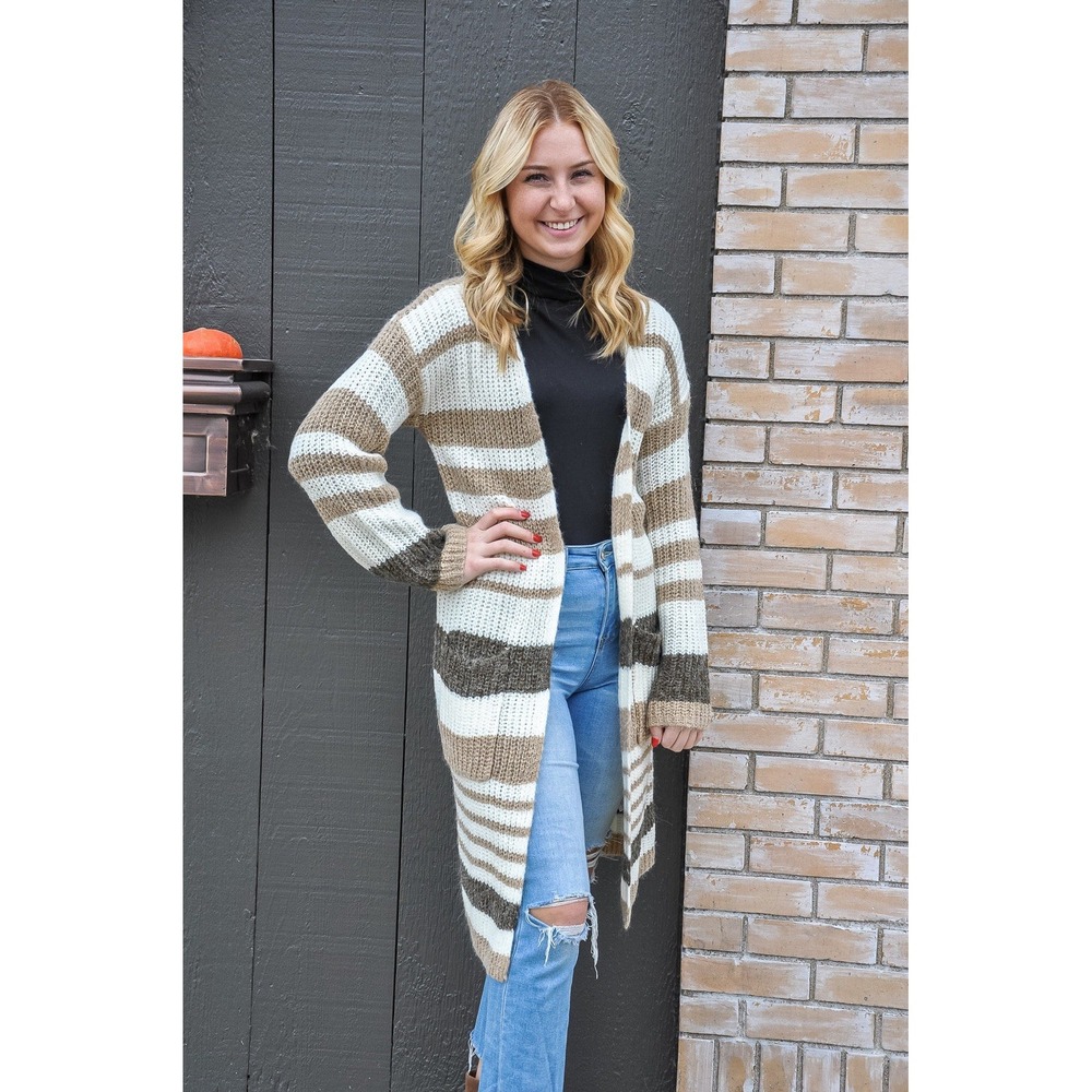Cozy Co Casual Women's Long Cardigan Neutral Brown Stripe M/L Duster